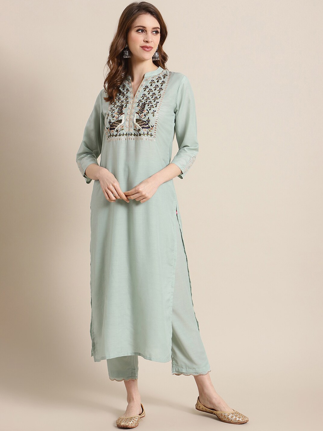 

Varanga Women Sea Green Yoke Design Kurta with Trousers