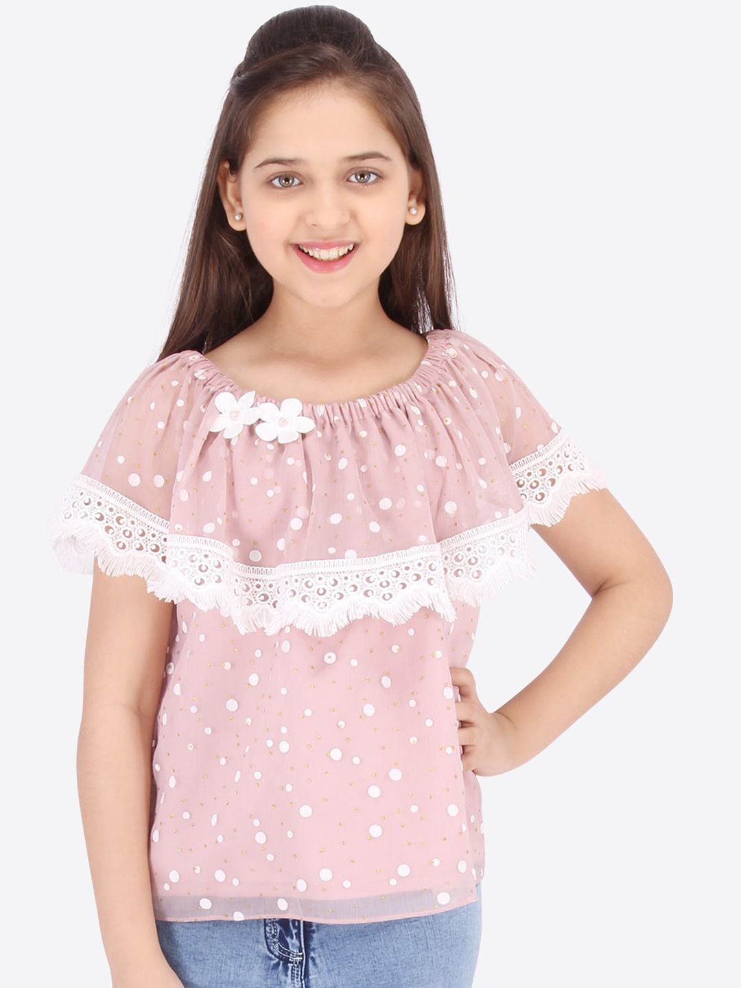 

Cutecumber Girls Pink Printed Cape Sleeves Georgette Top