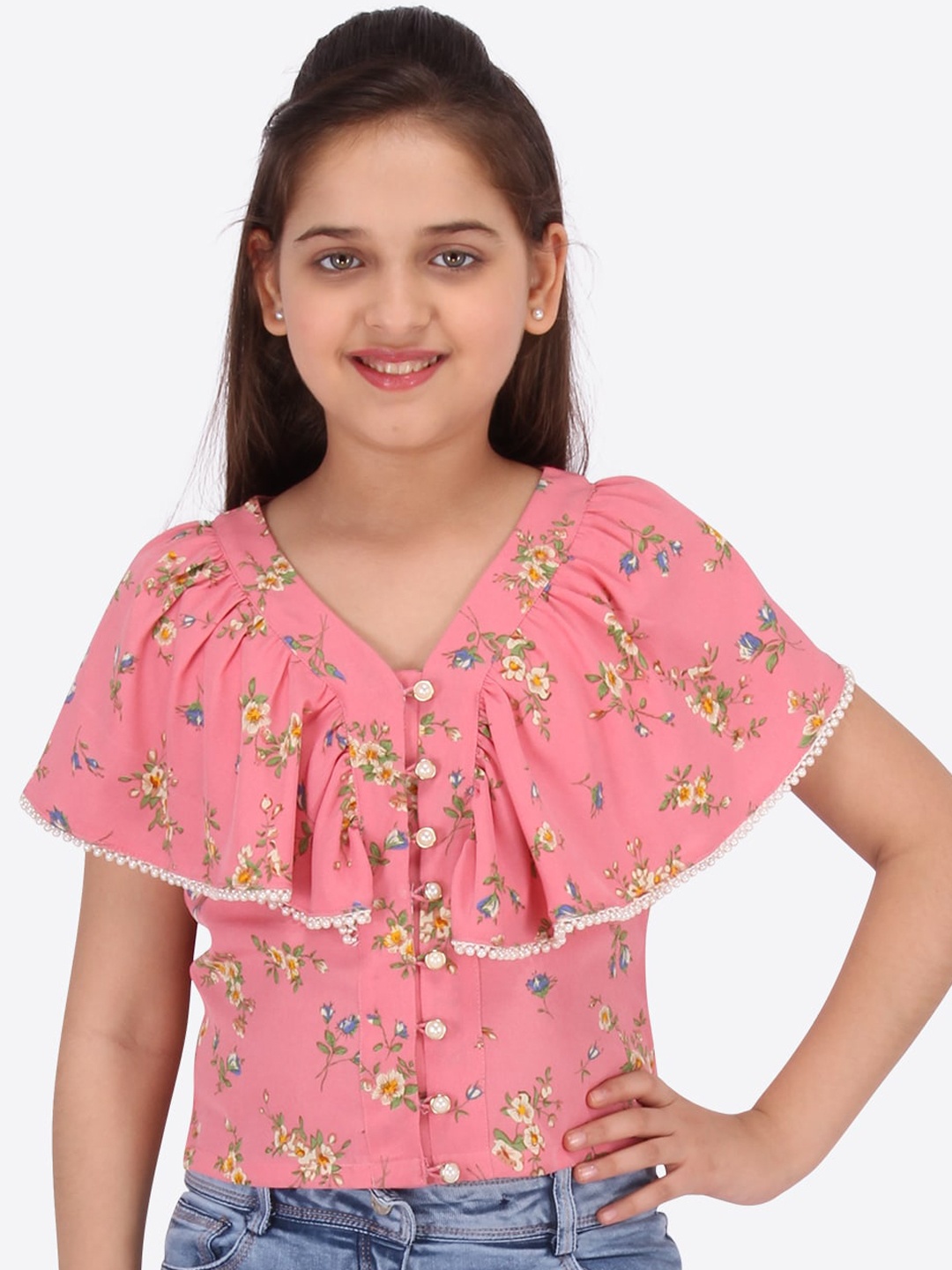 

Cutecumber Pink Floral Printed Cape Sleeves Regular Top