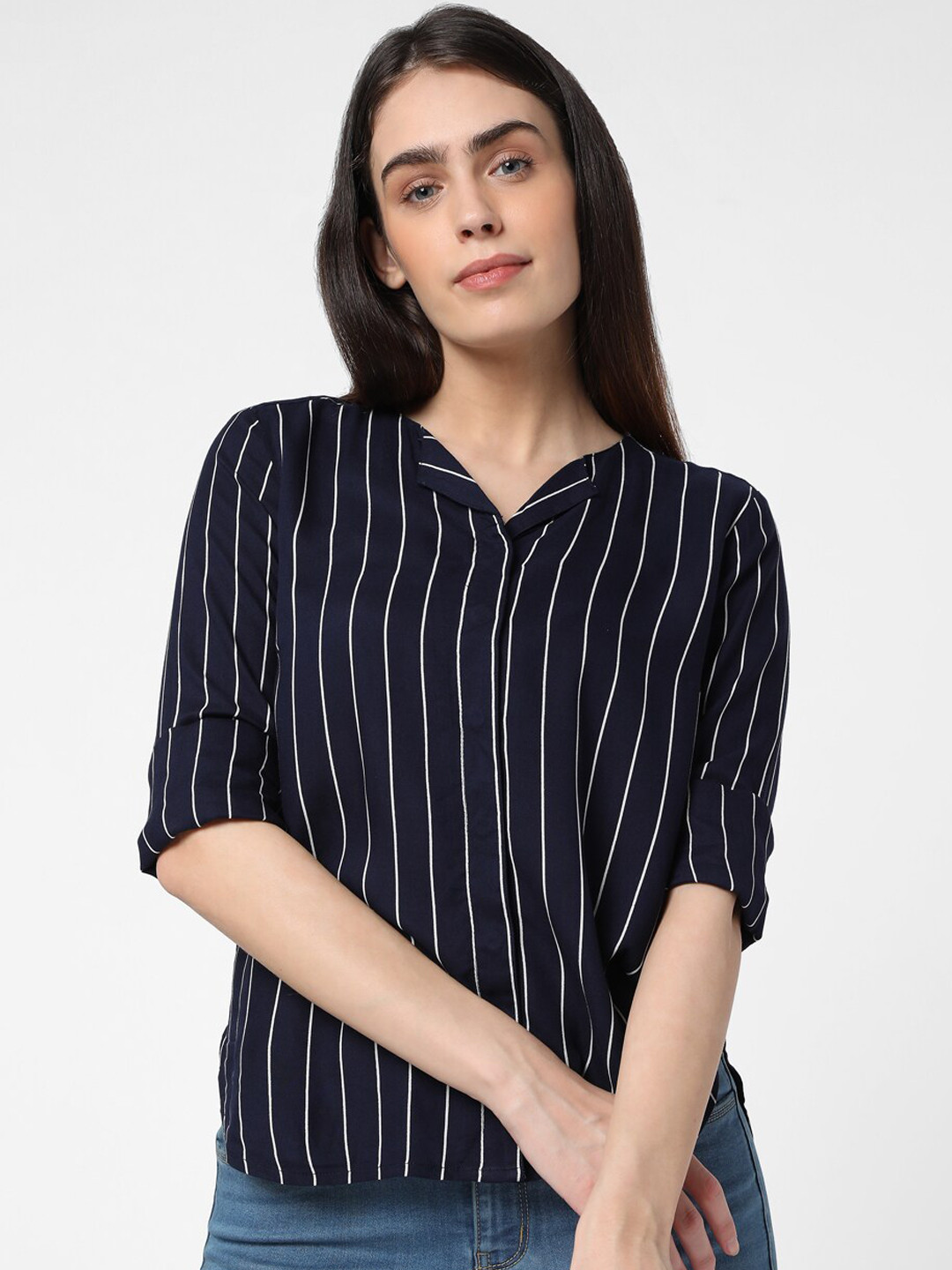 

Vero Moda Women Navy Blue Regular Fit Striped Casual Shirt