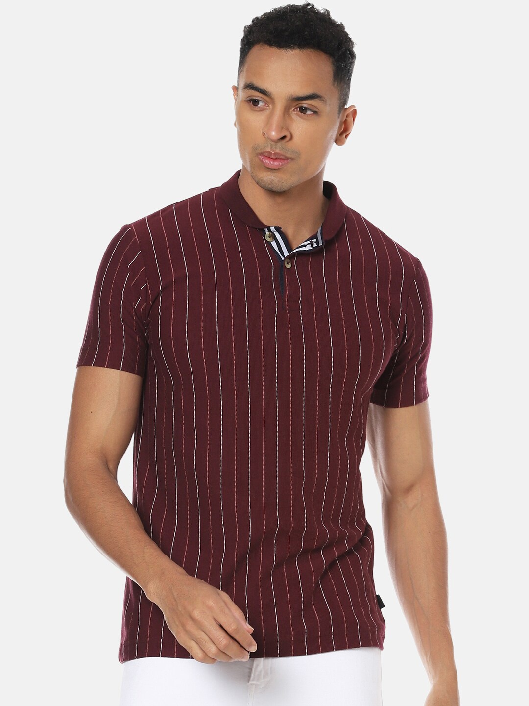 

Campus Sutra Men Maroon Striped Polo Collar T-shirt