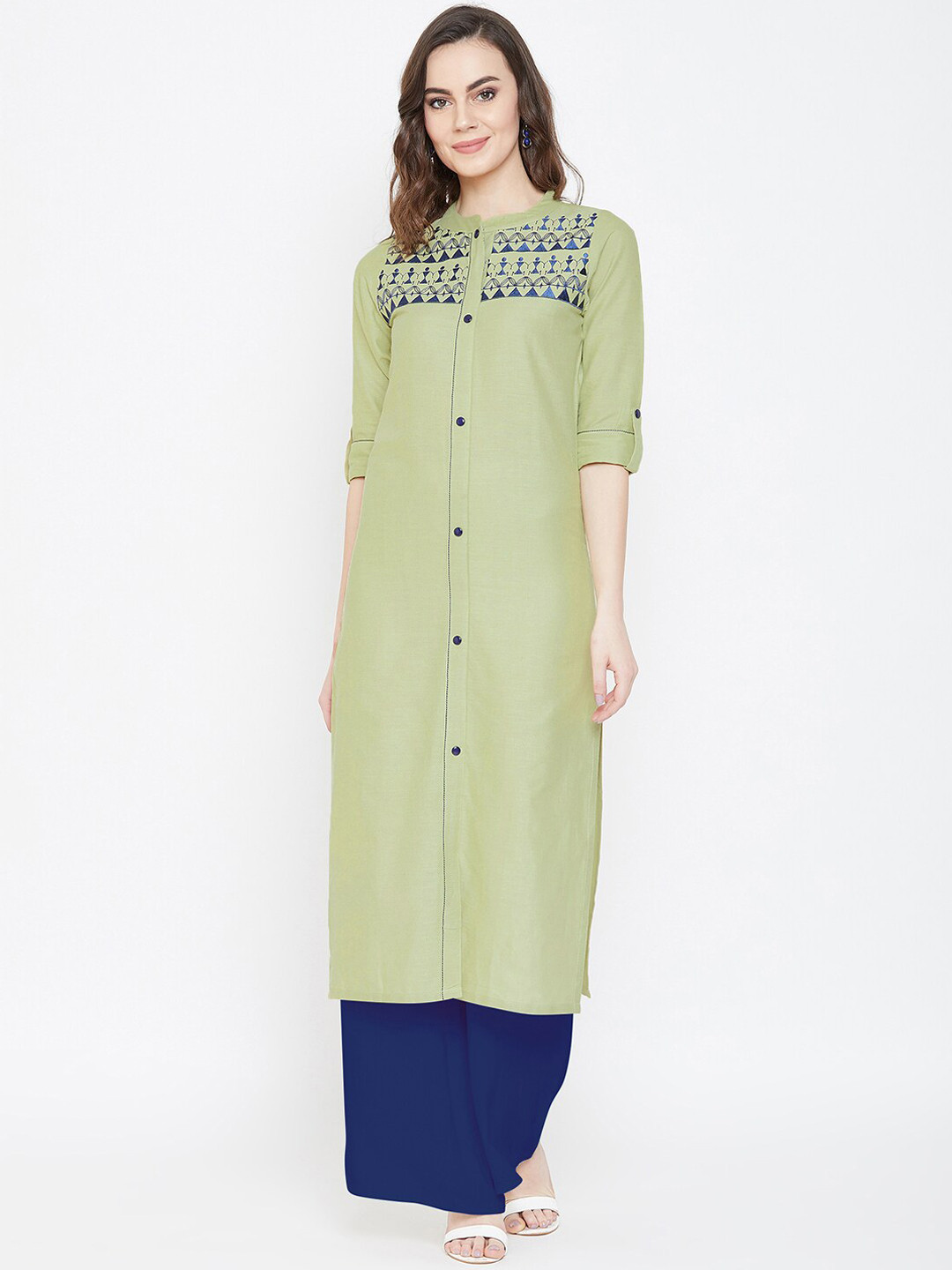 

Winered Women Green Geometric Yoke Design Thread Work Kurta