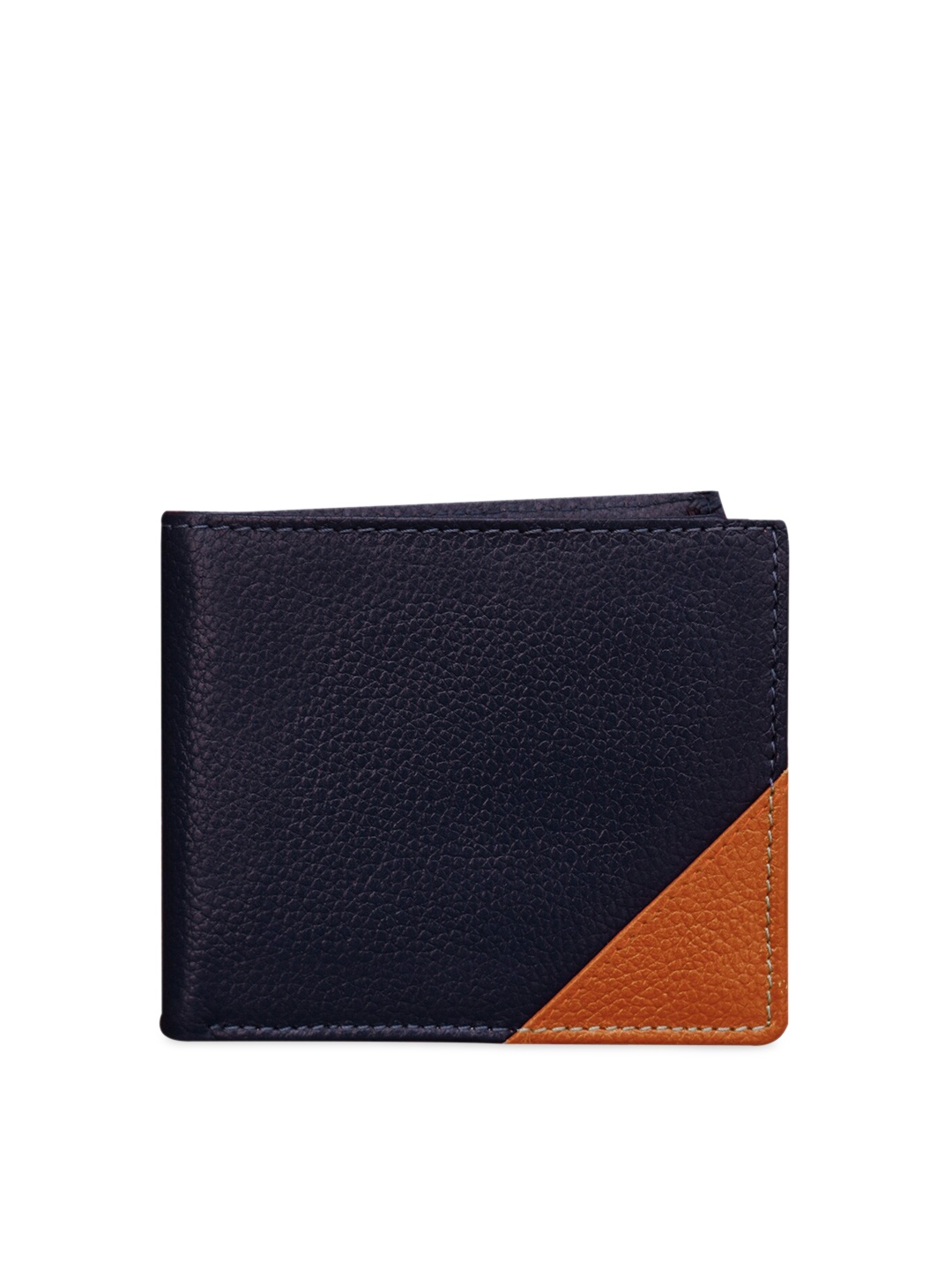 

ABYS Men Navy Blue & Brown Colourblocked Leather Two Fold Wallet