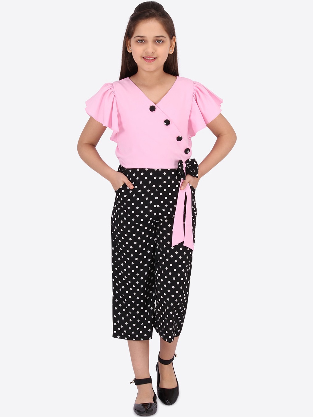 

CUTECUMBER Girls Pink & Black Printed Culotte Jumpsuit