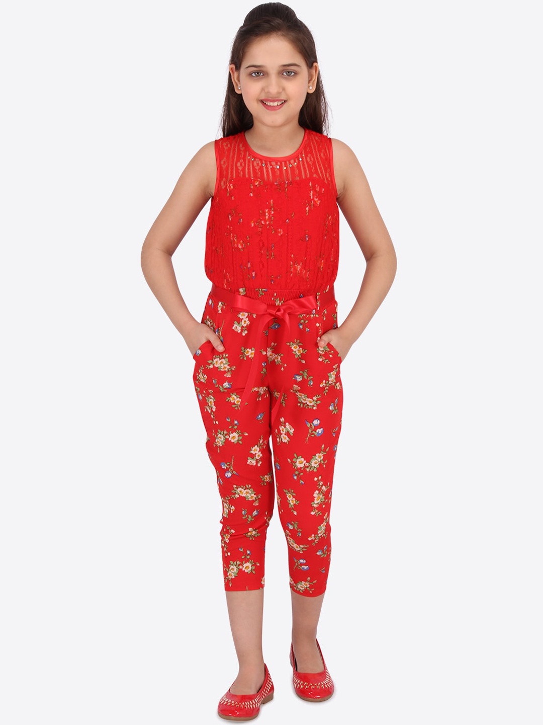 

CUTECUMBER Girls Red Printed Capri Jumpsuit