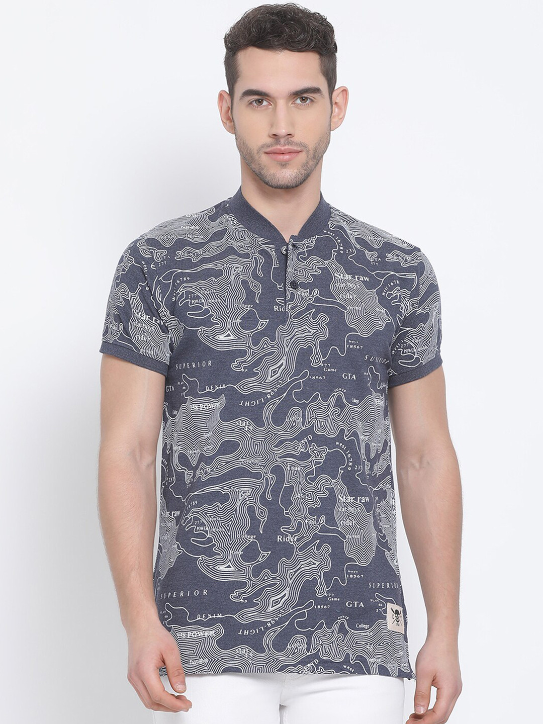 

Club York Men Navy Blue Printed Henley Neck T-shirt