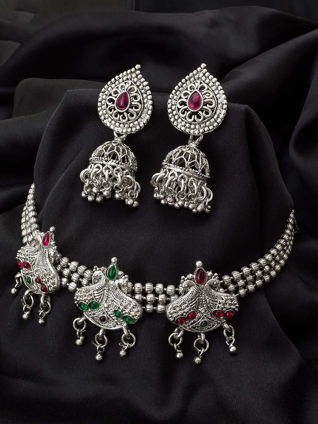 aadita Oxidized Silver-Plated Magenta Pink & Green Stone-Studded Jewellery Set