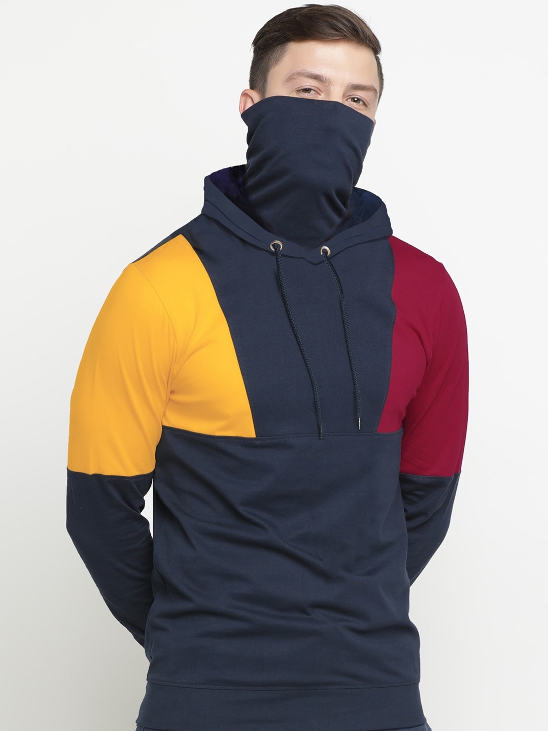 

Maniac Men Navy Blue & Yellow Colourblocked Hooded Cotton T-shirt