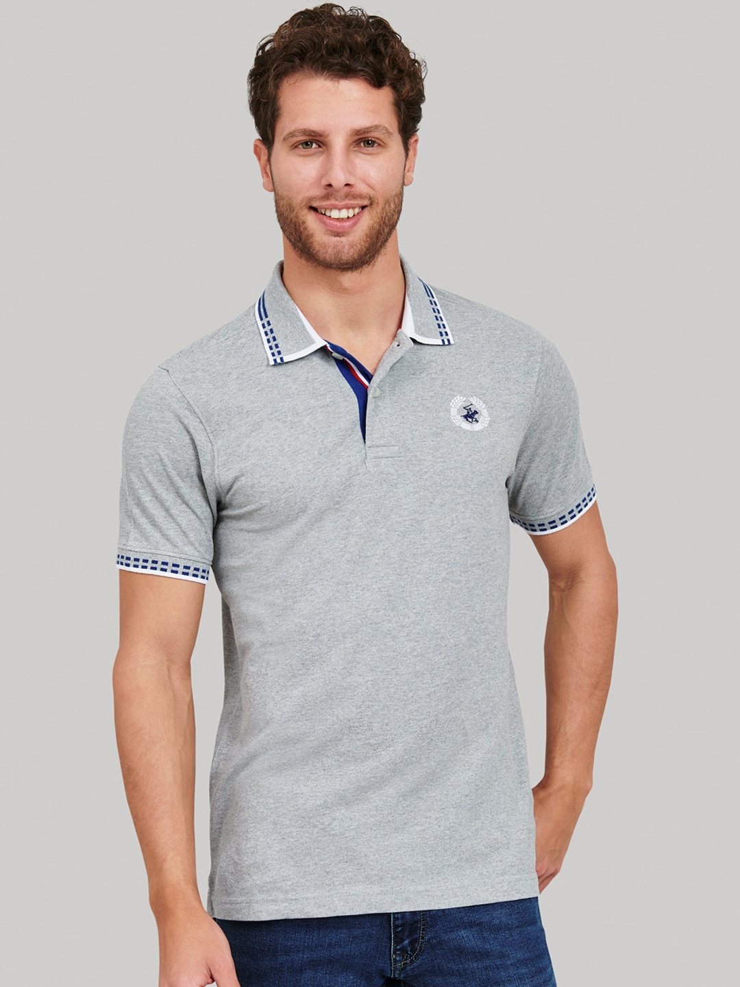 

Beverly Hills Polo Club Men Grey Self Design Polo Collar T-shirt