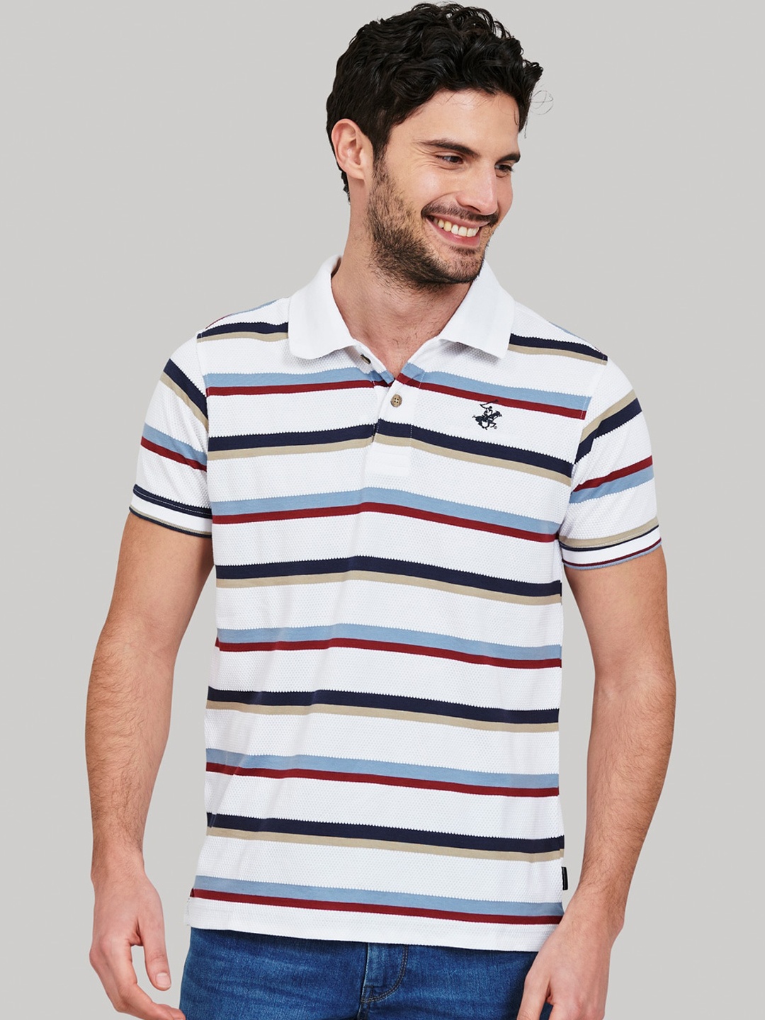 

Beverly Hills Polo Club Men White Striped Polo Collar T-shirt