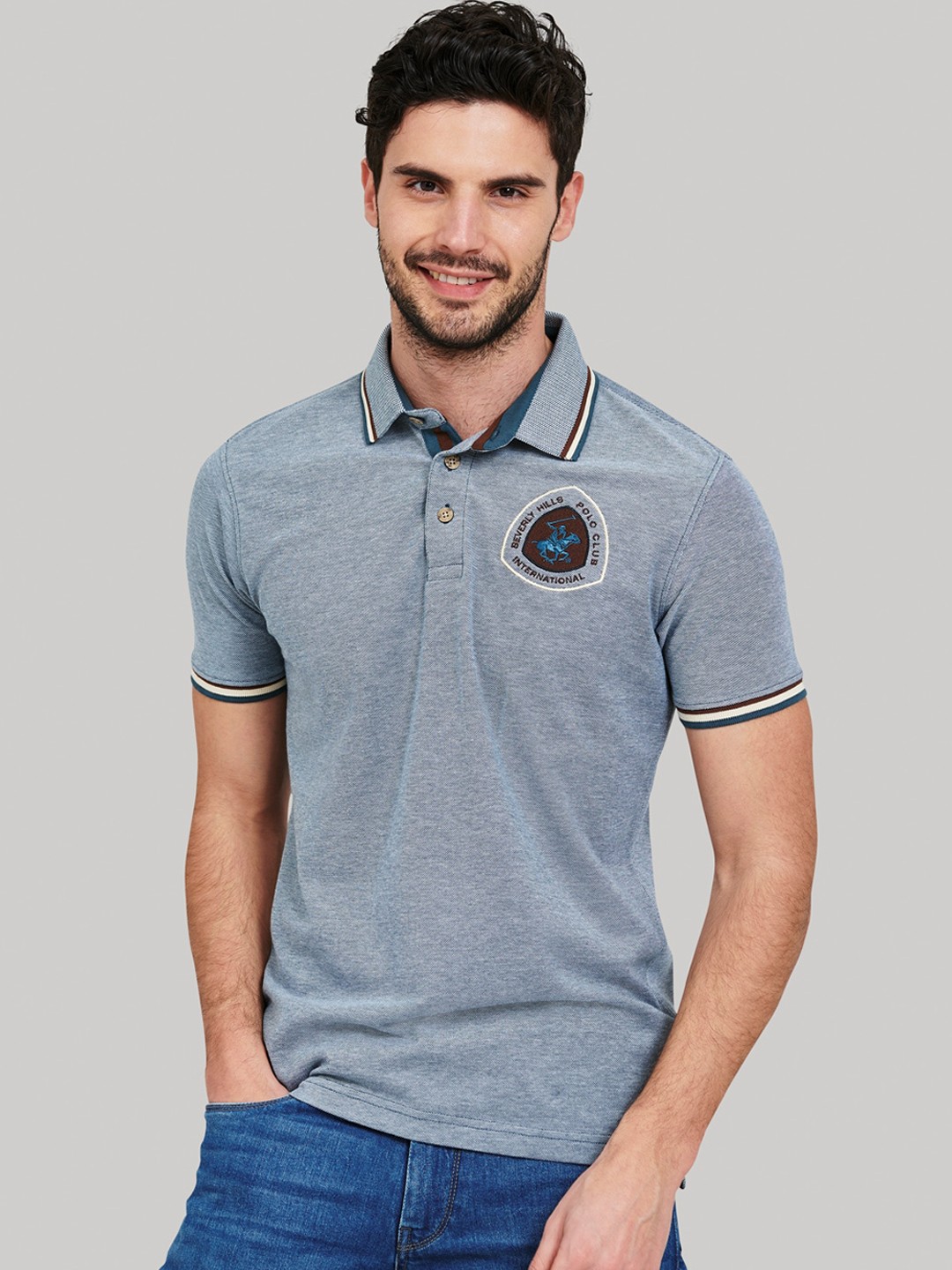 

Beverly Hills Polo Club Men Blue Self Design Henley Neck T-shirt