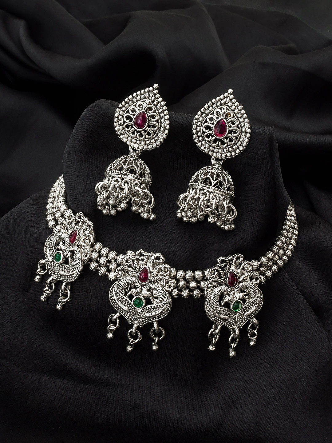 

aadita Oxidised Silver-Plated Pink & Green Stone-Studded Jewellery Set