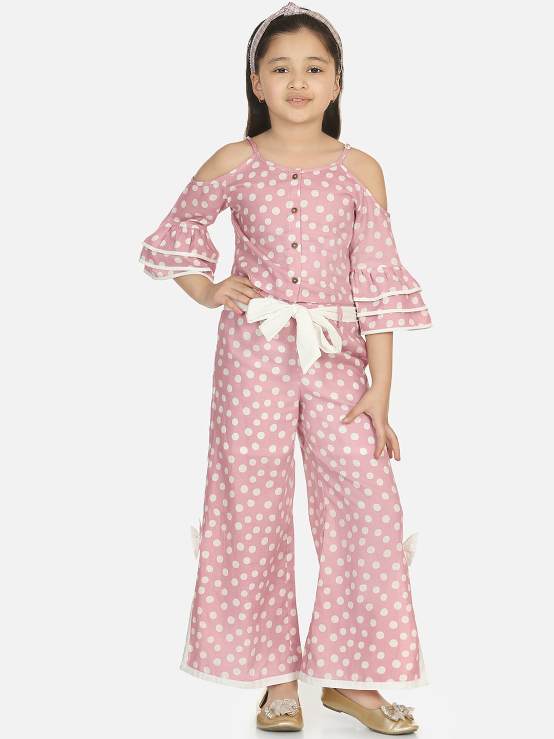 

naughty ninos Girls Pink & White Polka Dots Printed Top with Palazzos
