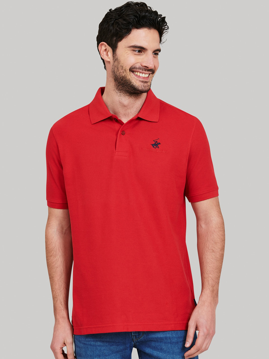 

Beverly Hills Polo Club Men Red Self Design Polo Collar T-shirt