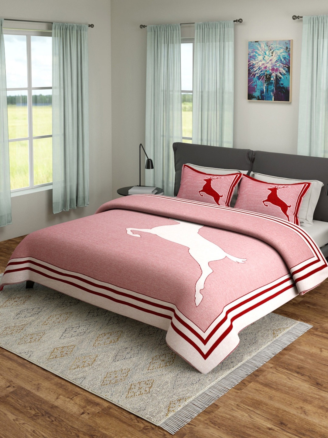 

ROMEE Pink & Red Printed 400 TC Double Queen Bed Cover With 2 Pillow Covers