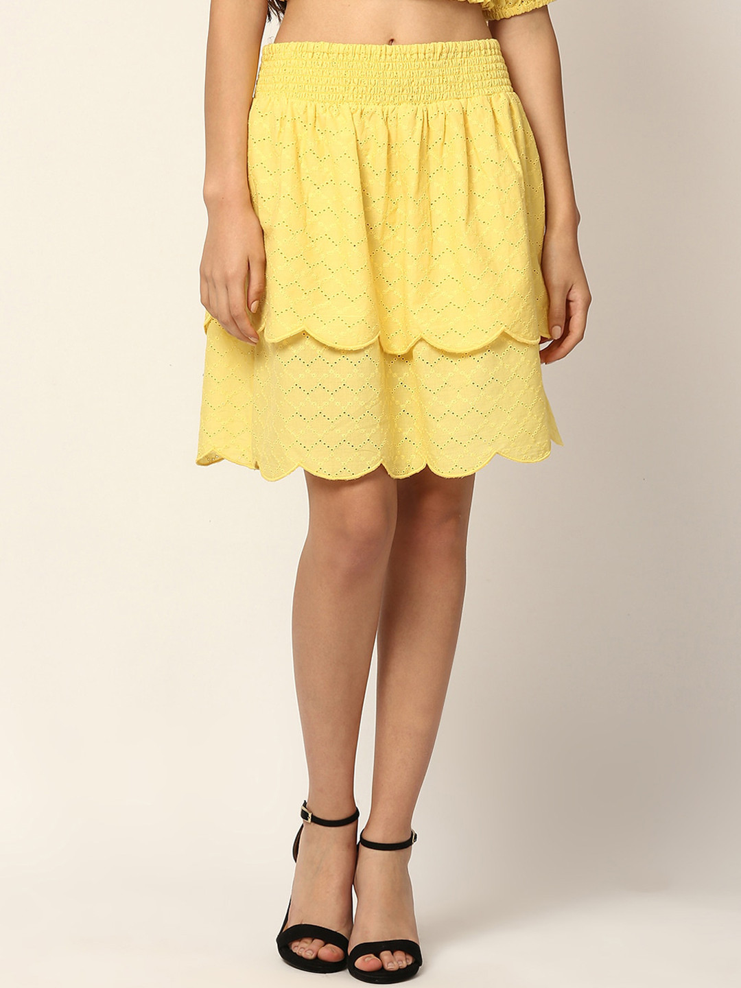 

ELLE Women Yellow Self-Design A-Line Mini Skirt
