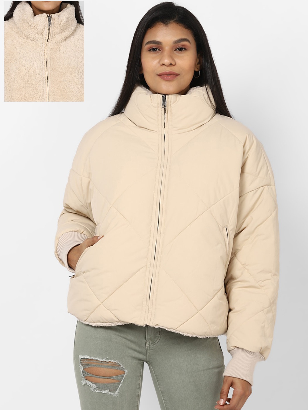 

AMERICAN EAGLE OUTFITTERS Women Cream-Coloured Self Design Quilted Jacket