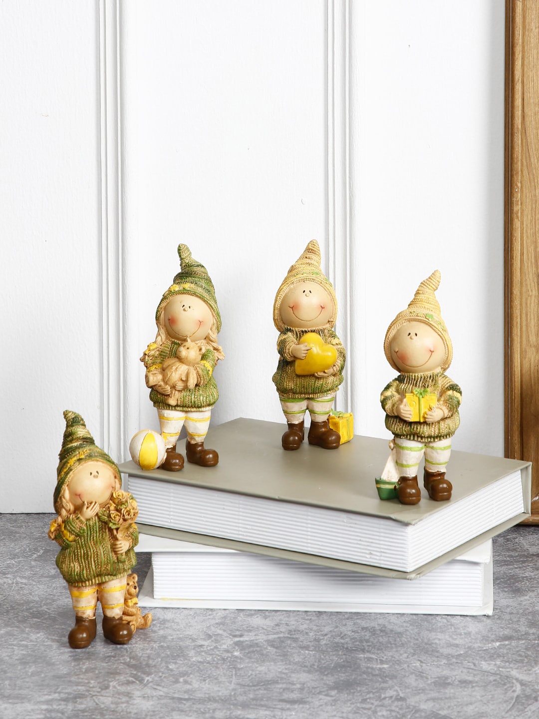 TAYHAA Set of 4 Beige & Olive Green Playful Girl Showpieces