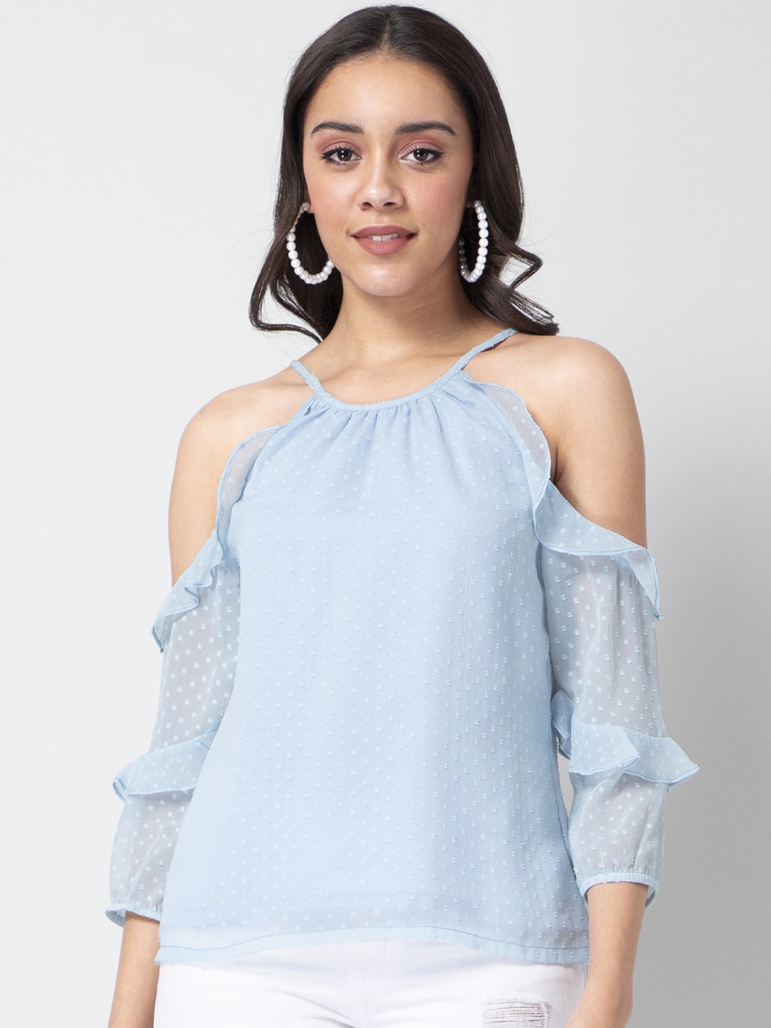

Faballey Blue Cold-shoulder Sleeves Georgette Regular Top