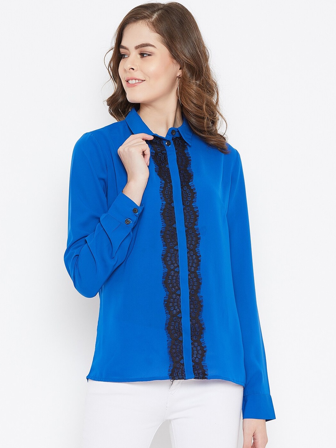 

Zastraa Women Blue & Black Solid Lace Trimmed Casual Shirt