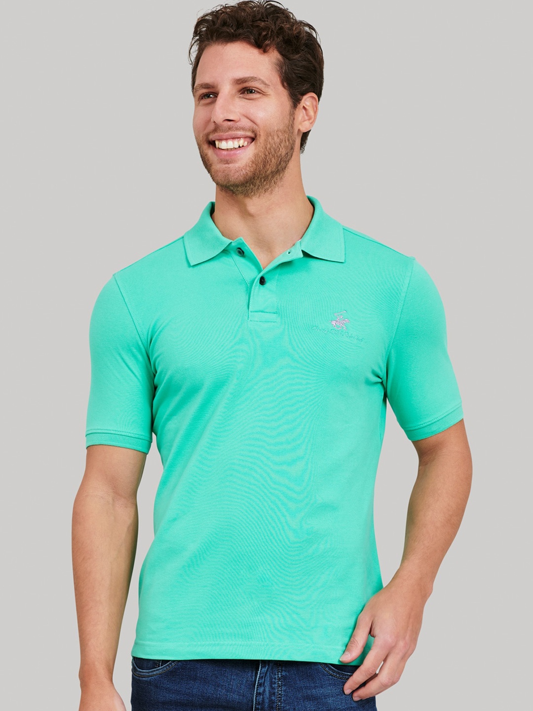 Beverly Hills Polo Club Men Green Self Design Polo Collar T-shirt