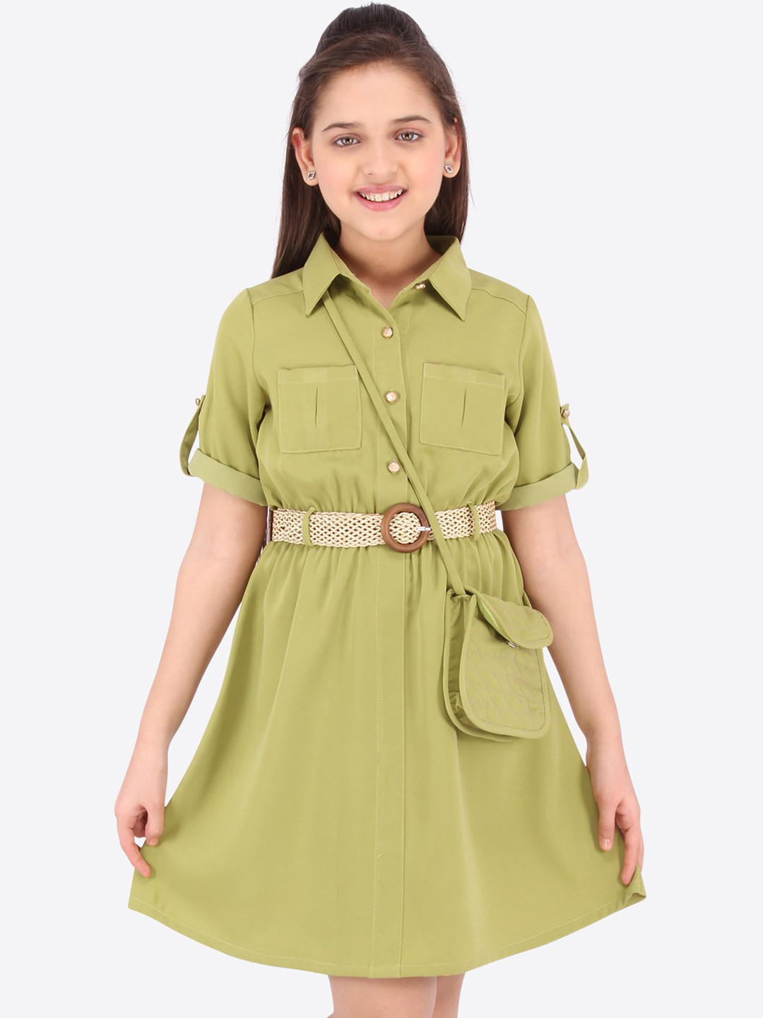 

CUTECUMBER Girls Green Solid Summer Shirt Dress
