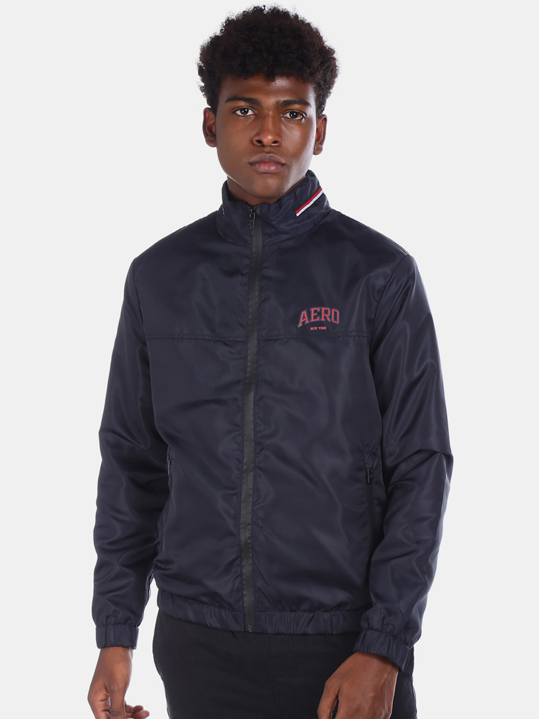 

Aeropostale Men Navy Blue High Neck Solid Jacket
