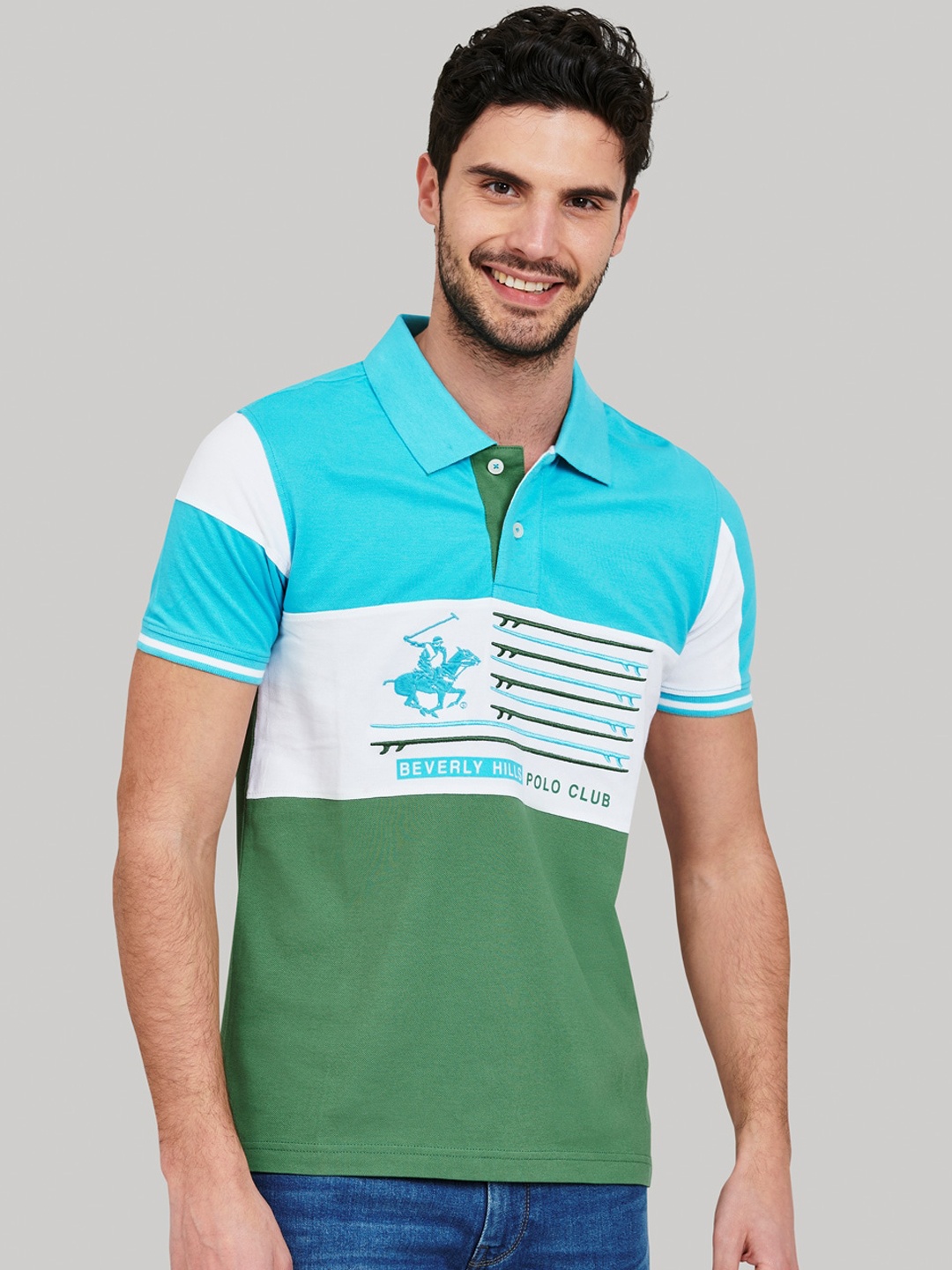 

Beverly Hills Polo Club Men Blue Colourblocked Polo Collar T-shirt