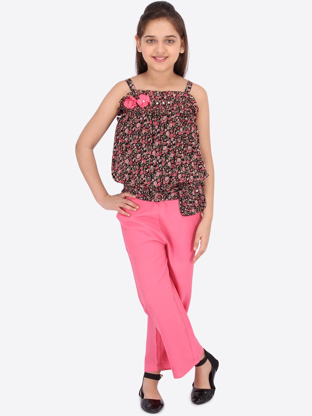 

CUTECUMBER Girls Multicoloured Printed Top with Pink Culottes, Multi