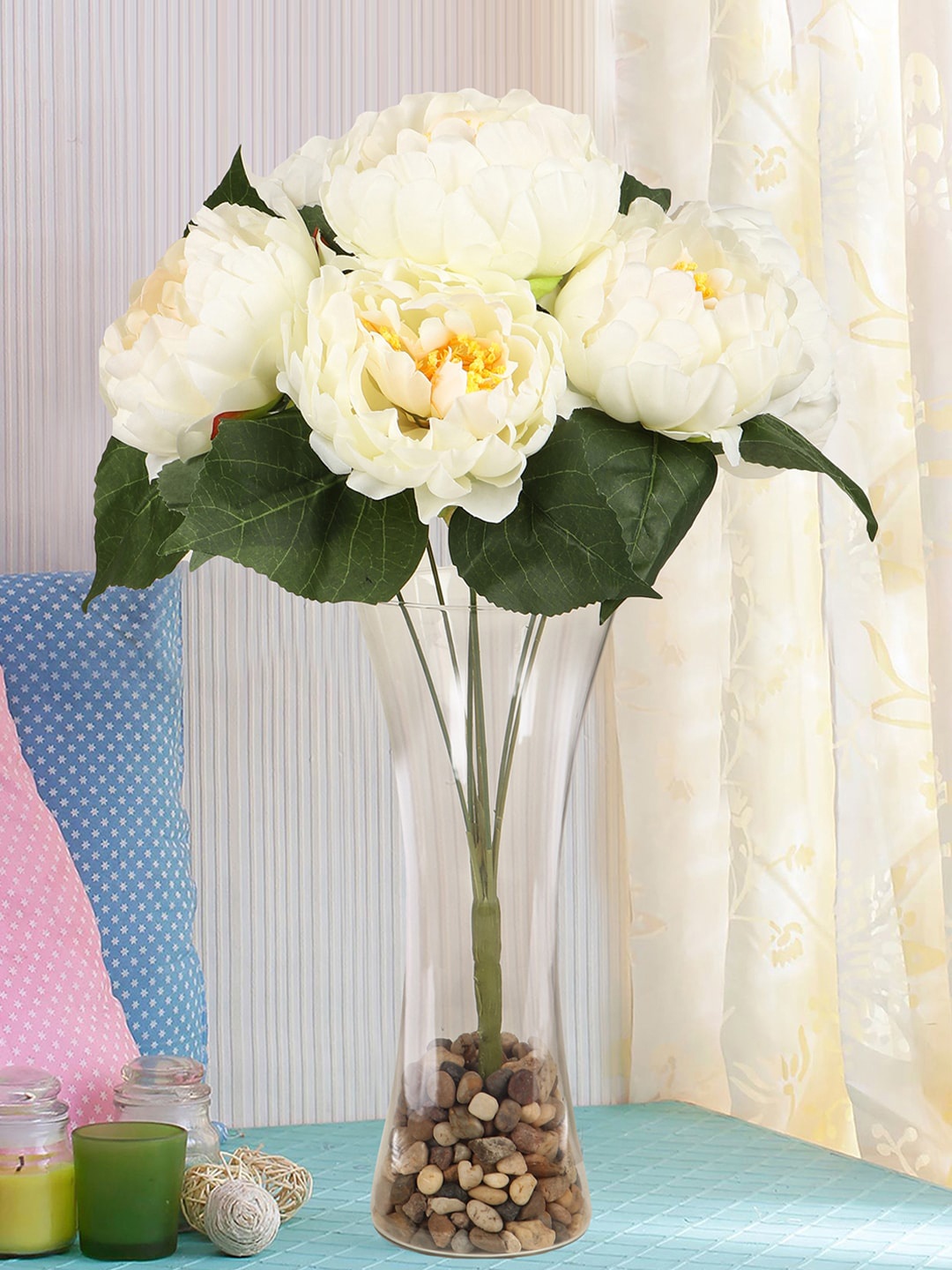 

TIED RIBBONS White & Green Artificial Flower Bunch With Glass Pot