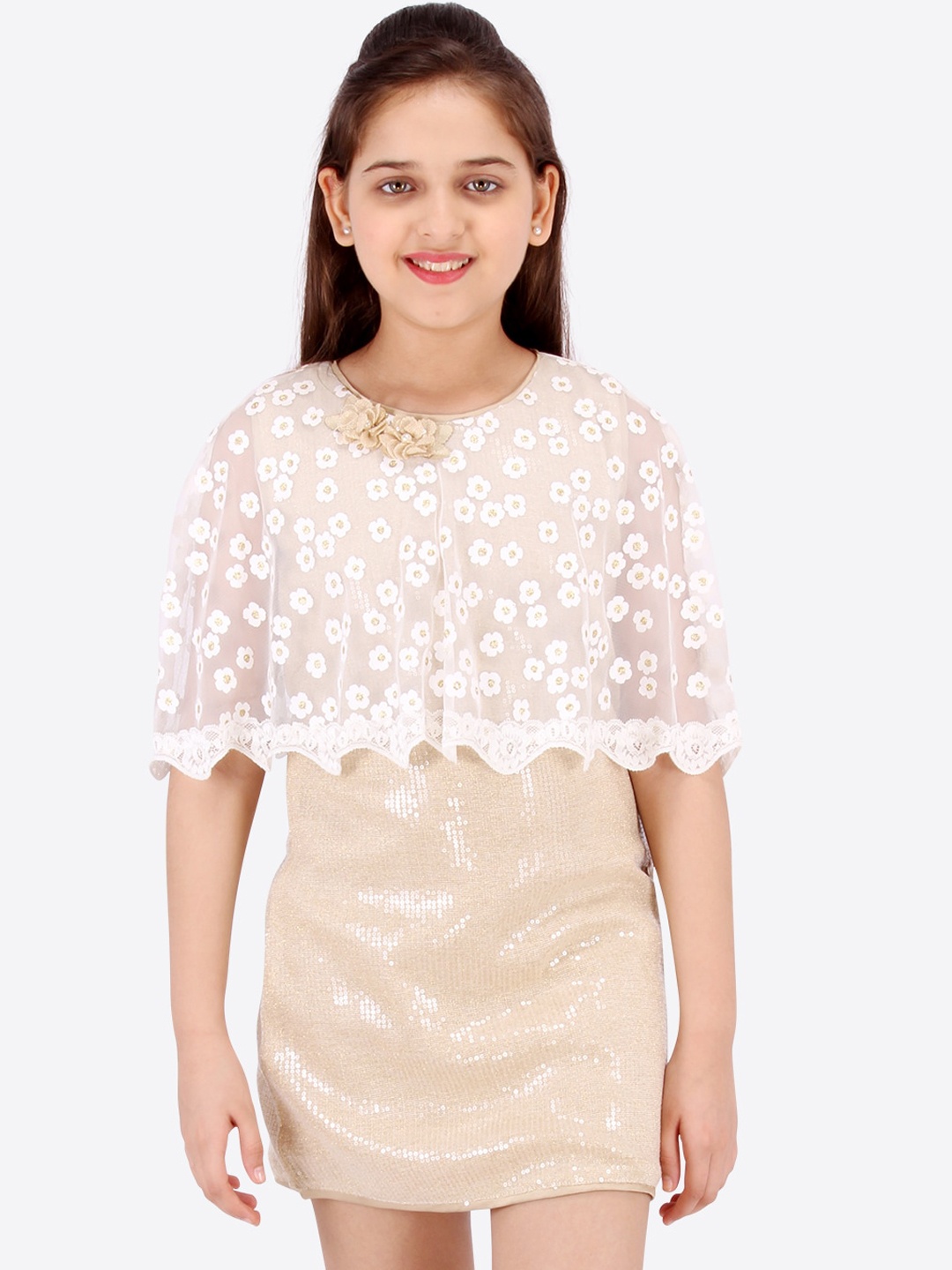 

CUTECUMBER Girls Beige Self Design Sheath Dress with Cape Jacket