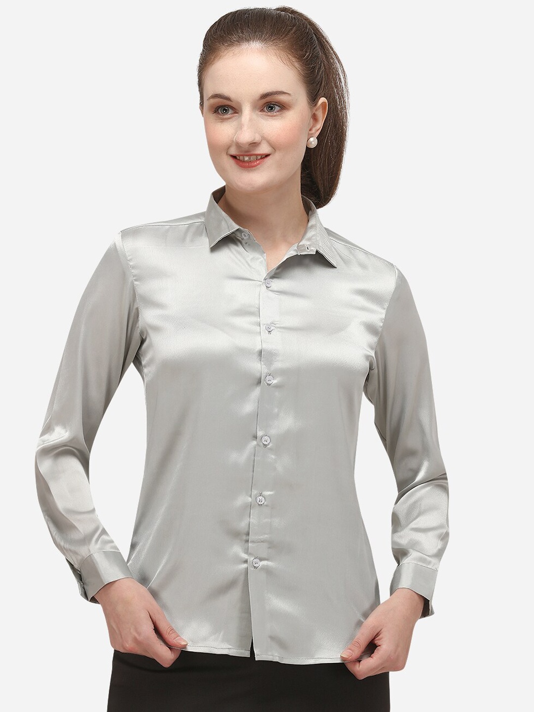 

Fbella Women Silver-Toned Regular Fit Solid Casual Shirt