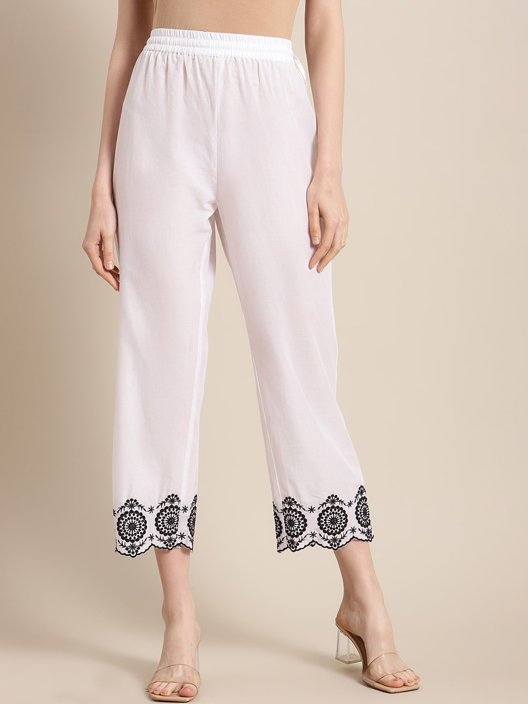 

Varanga Women White Regular Fit Embroidered Parallel Trousers
