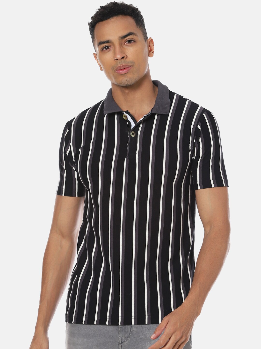 

Campus Sutra Men Black Striped Polo Collar T-shirt