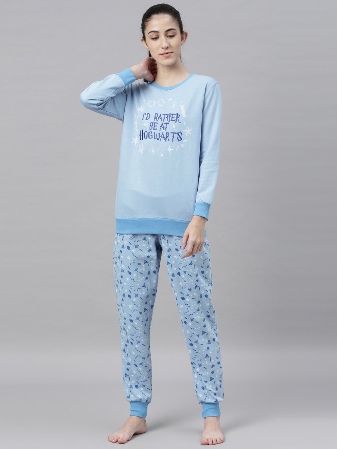 

Nap Chief Unisex Harry Potter Rather be at Hogwarts Printed Cotton Relaxed Fit Night suit, Blue