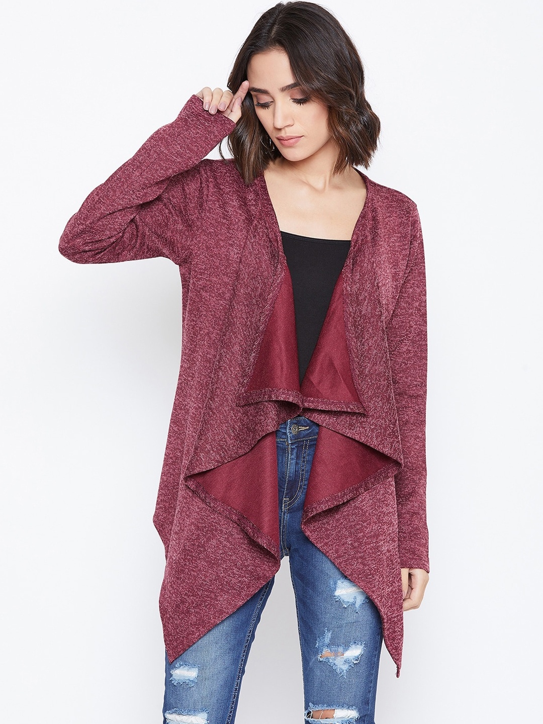 

Zastraa Women Burgundy Solid Waterfall Shrug