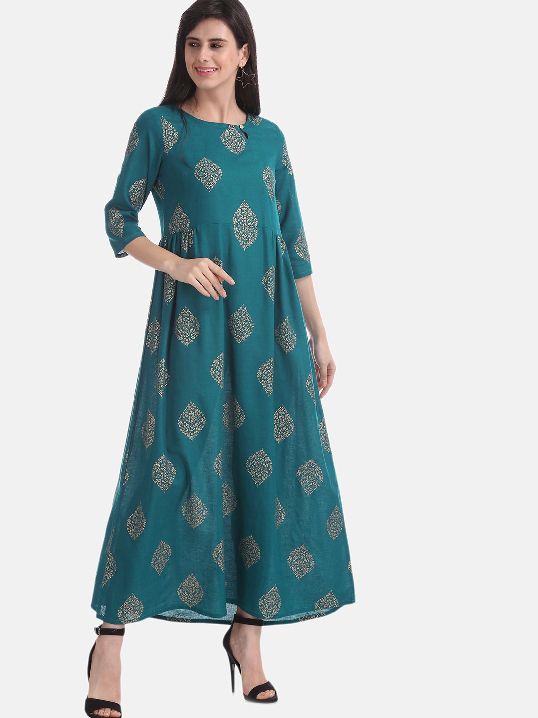 

Bronz Women Green Printed Maxi Dress