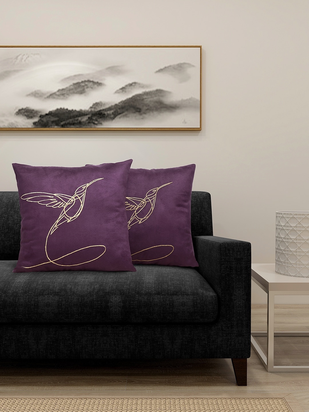 

DECOREALM Purple & Beige Set of 2 Embroidered Square Cushion Covers