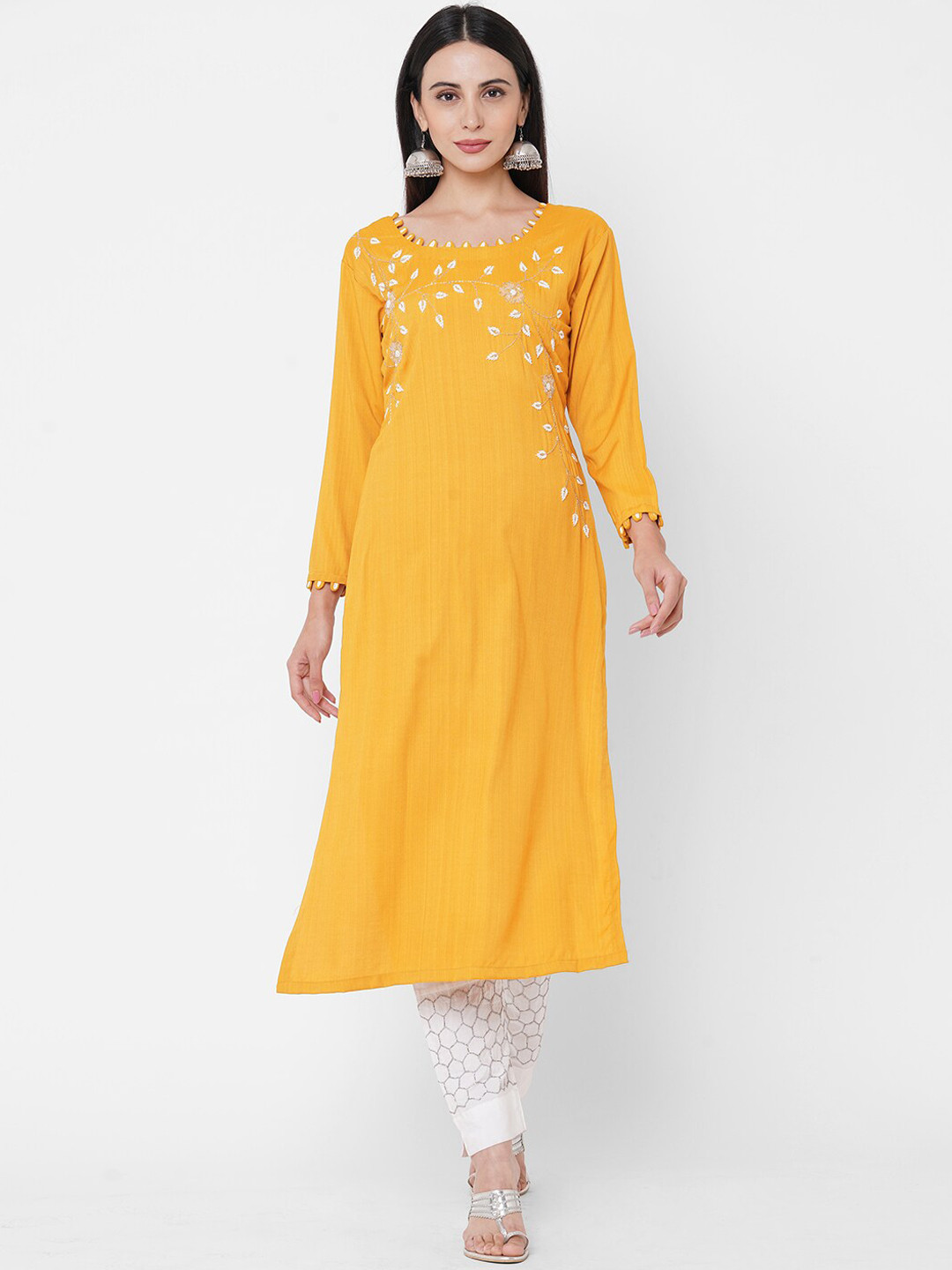 

FASHOR Women Mustard Yellow Floral Embellished Kurta