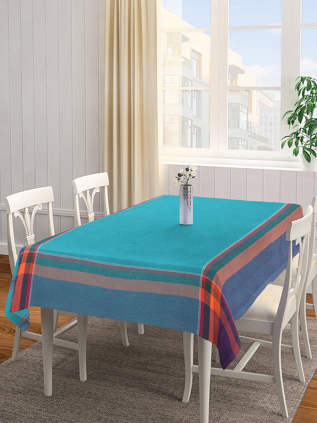 KLOTTHE Turquoise Blue & Orange Woven Design 6-Seater Rectangular Table Cover