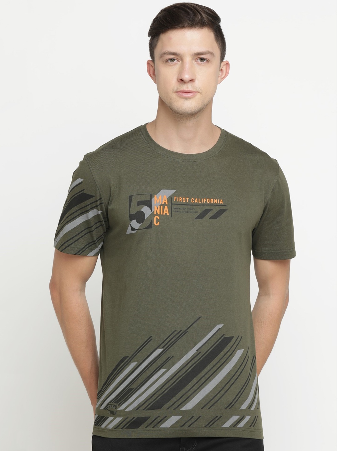 

Maniac Men Olive Green Printed Round Neck Cotton Pure Cotton T-shirt