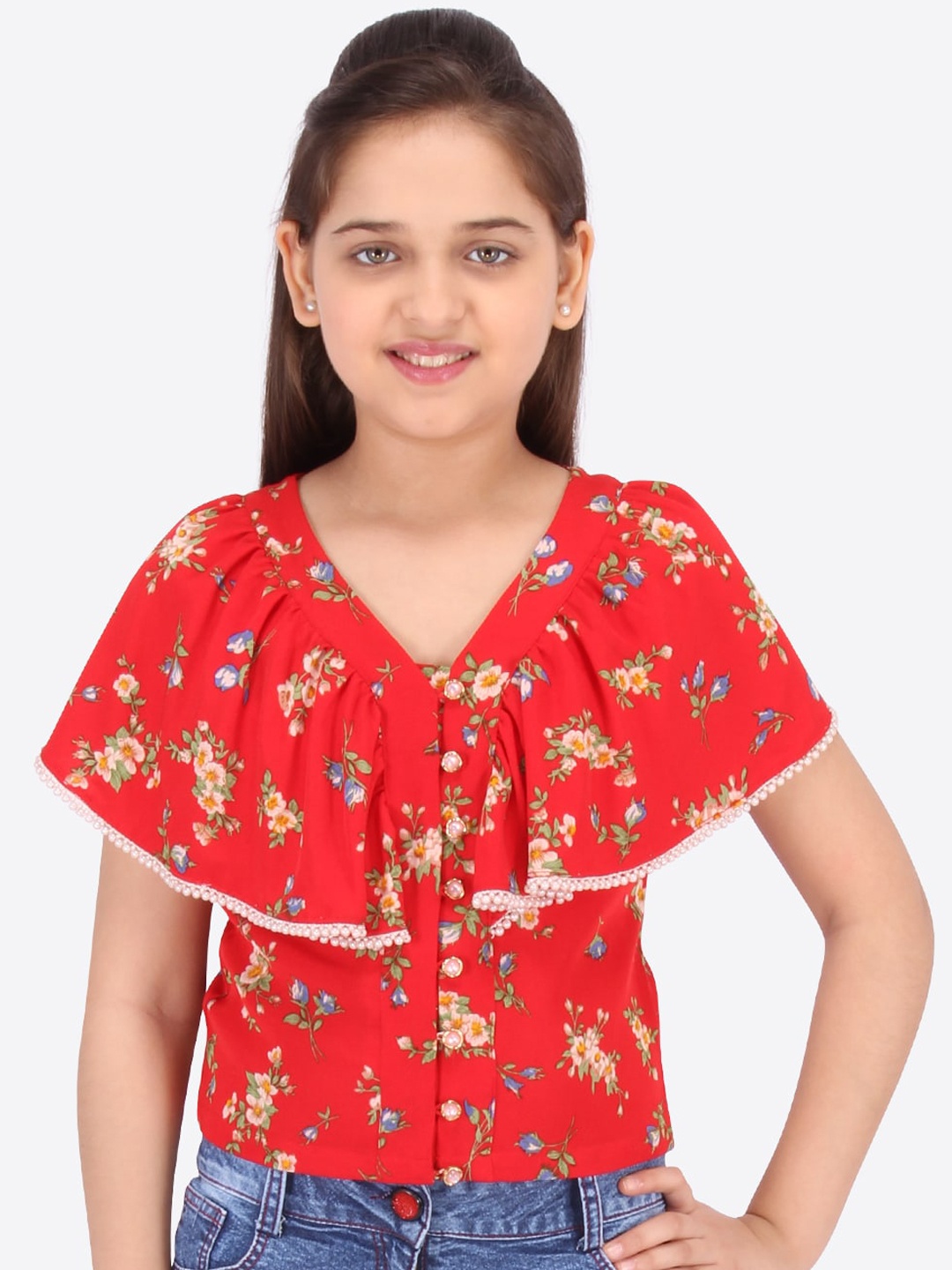

Cutecumber Red Floral Printed Cape Sleeves Top