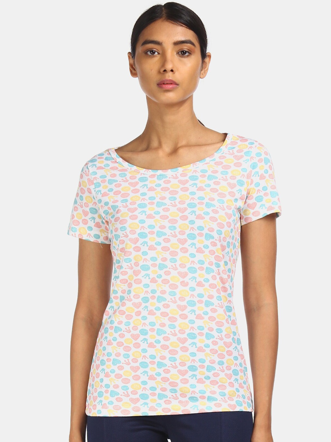 

Sugr Women Off-White Printed Round Neck Cotton Pure Cotton T-shirt