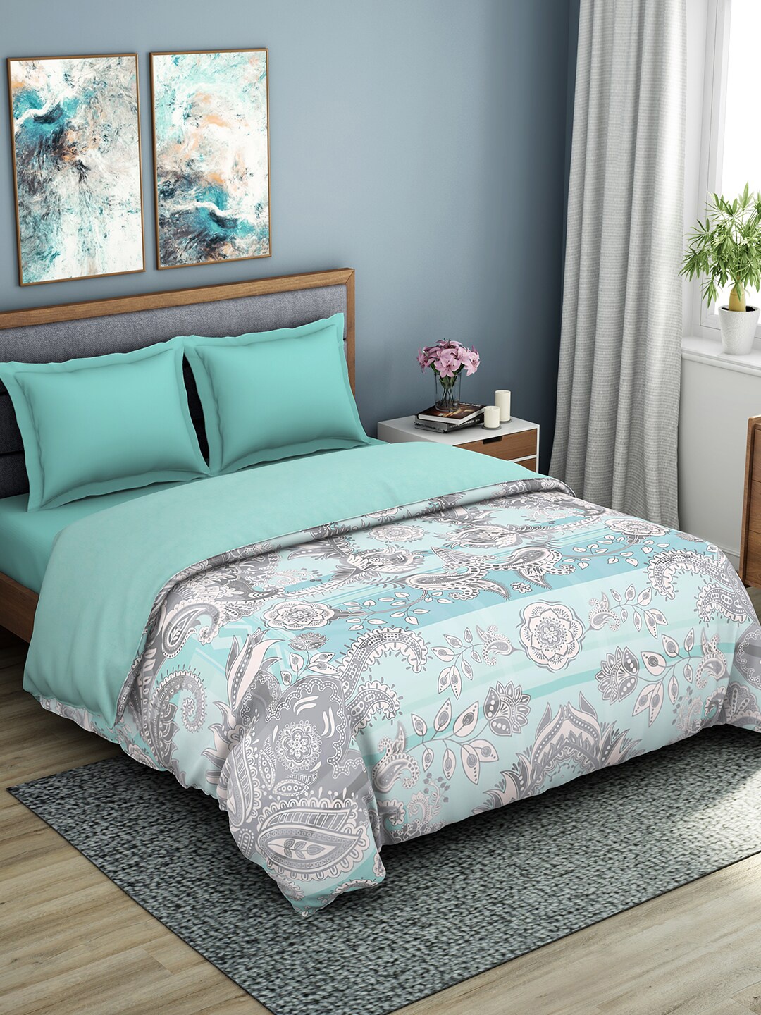 

SPACES Turquoise Blue & Grey Ethnic Motifs AC Room 150 GSM Double Bed Quilt