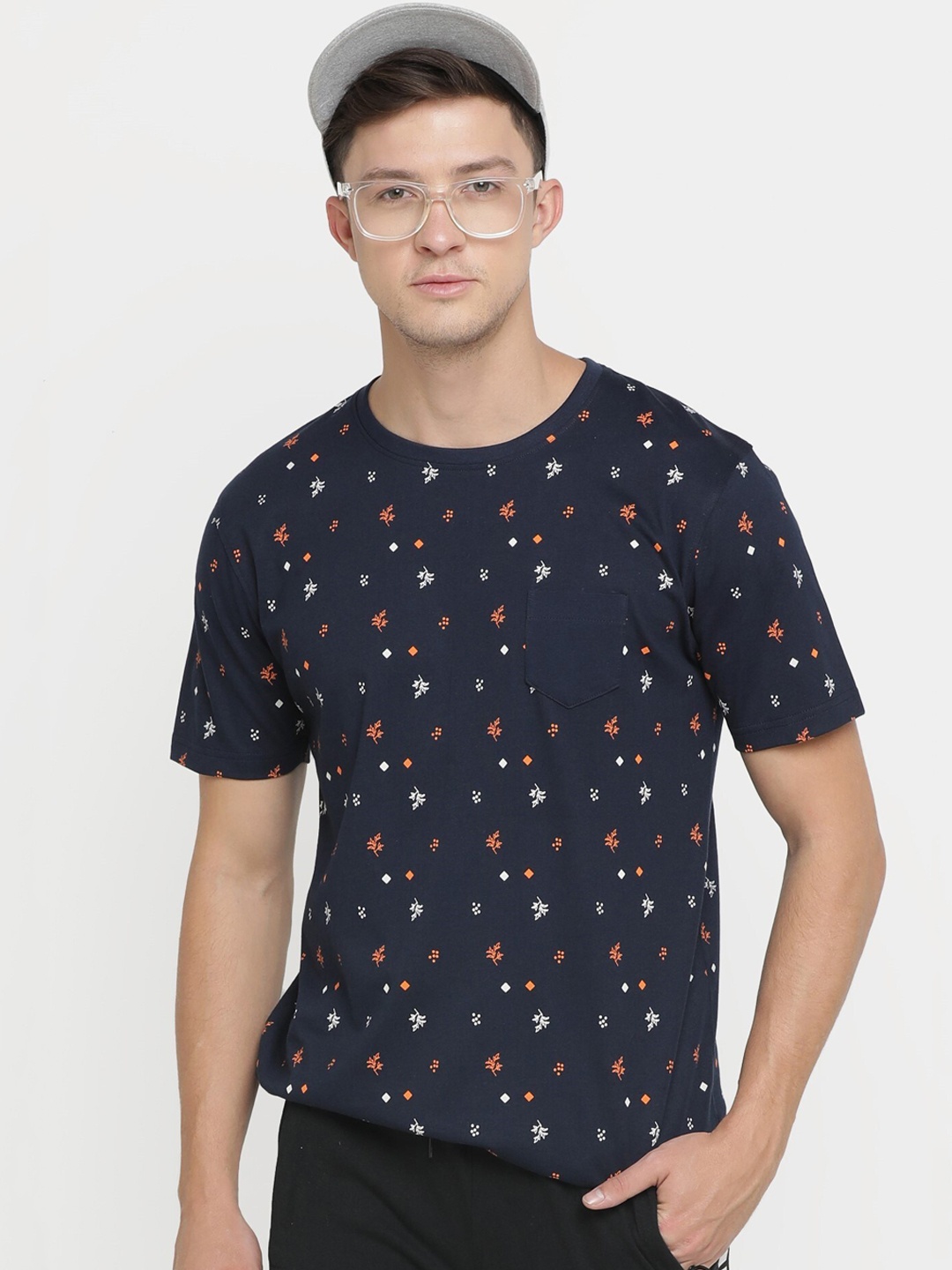 

Maniac Men Navy Blue Pure Cotton Printed Round Neck Cotton Pure Cotton T-shirt