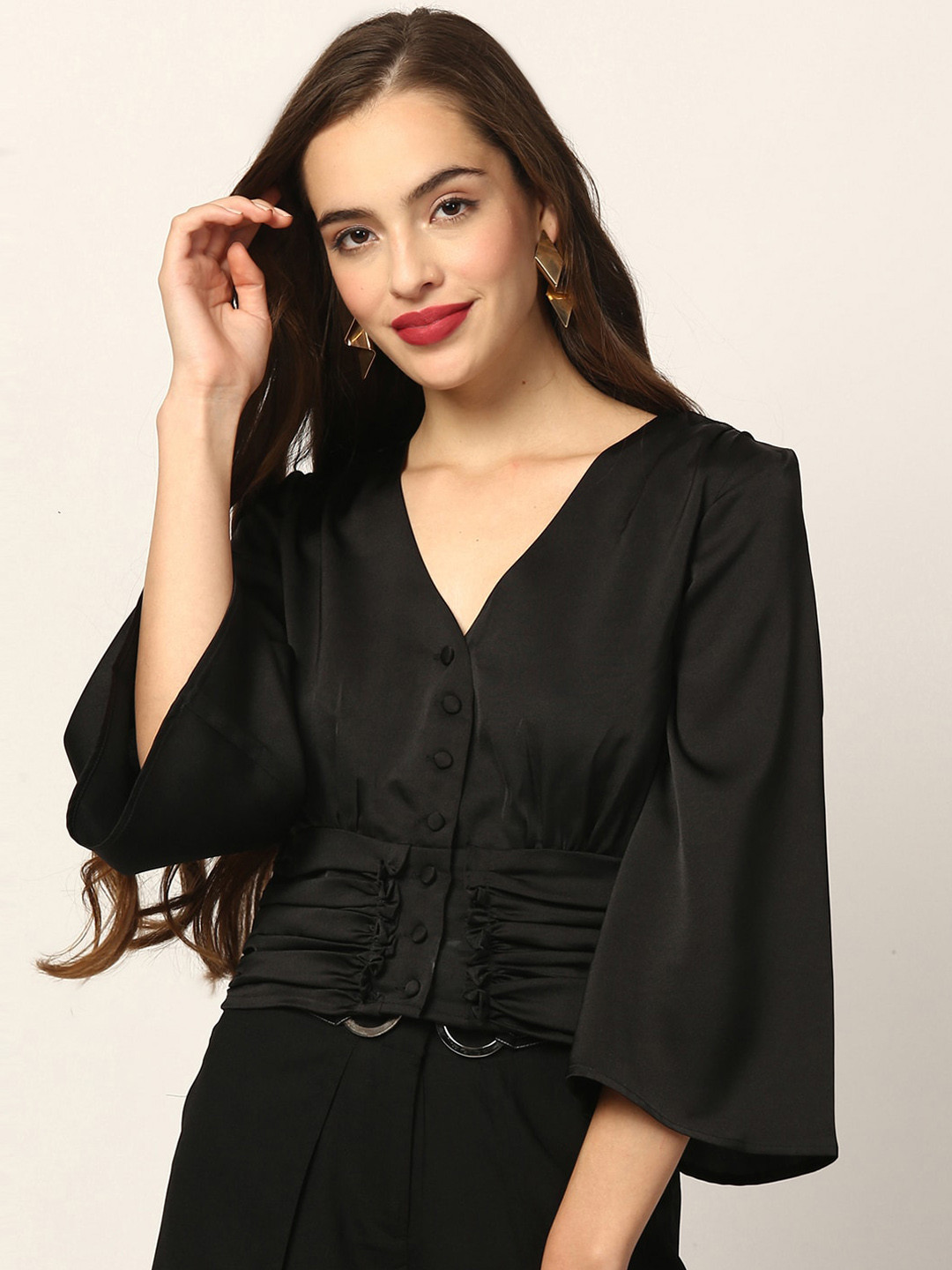 

Zoella Black Flared Sleeves Cinched Waist Top