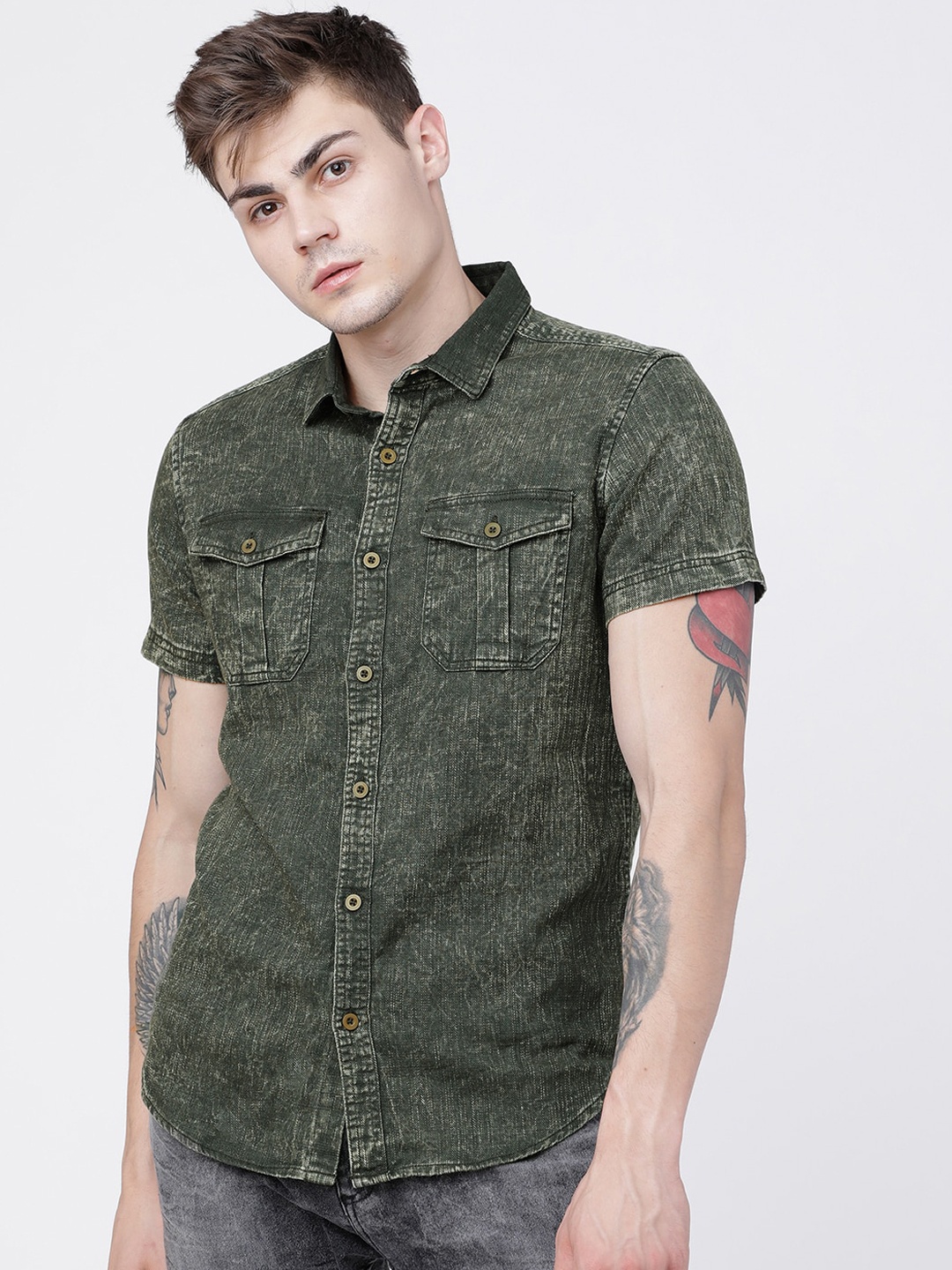 

HIGHLANDER Men Olive Green Slim Fit Printed Casual Shirt