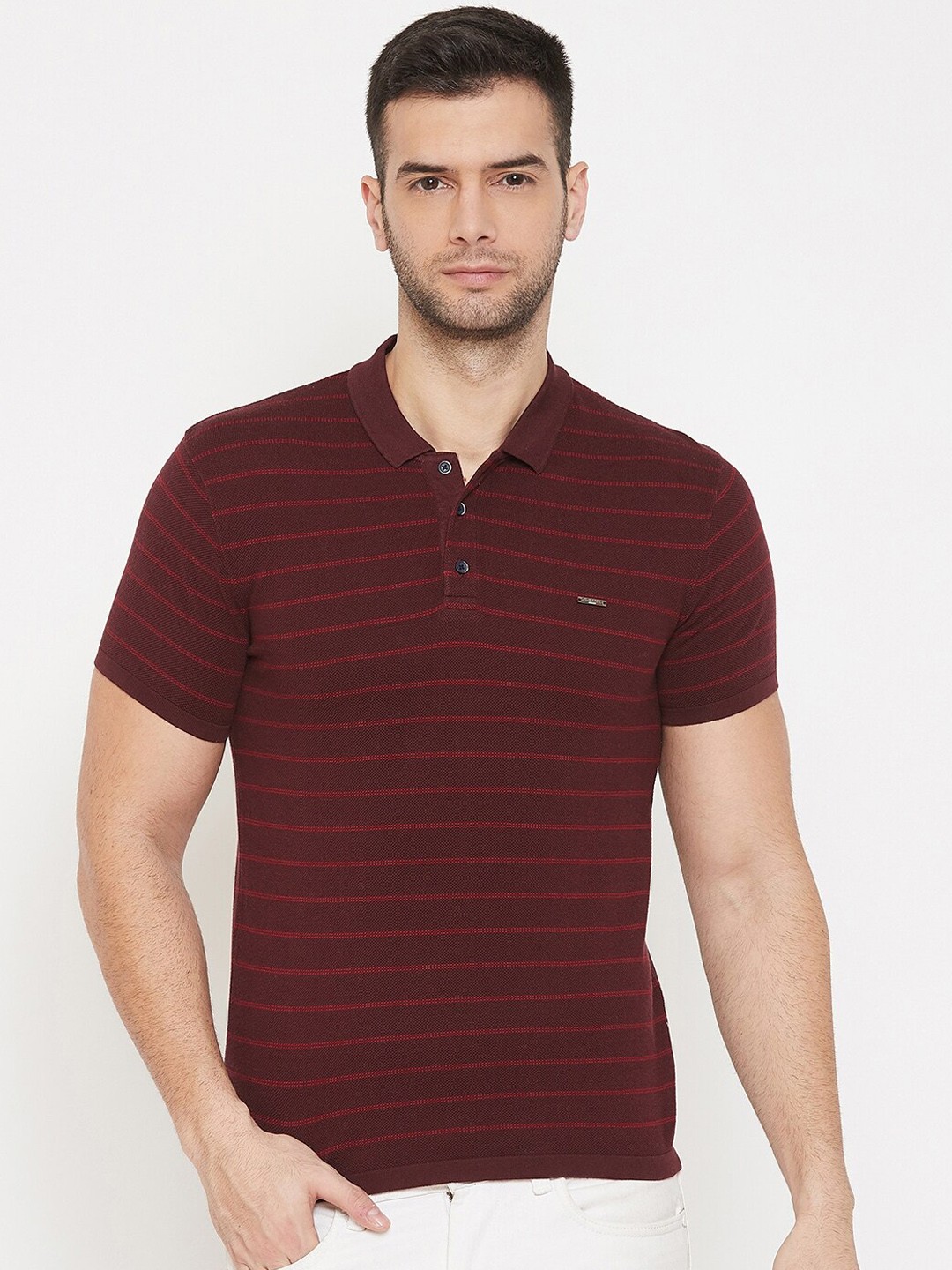 

Octave Men Maroon Striped Polo Collar Mercerized Cotton T-shirt