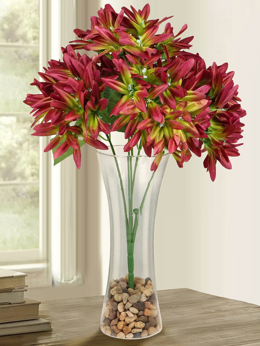 

TIED RIBBONS Maroon & Green Artificial Plant with Glass Vase