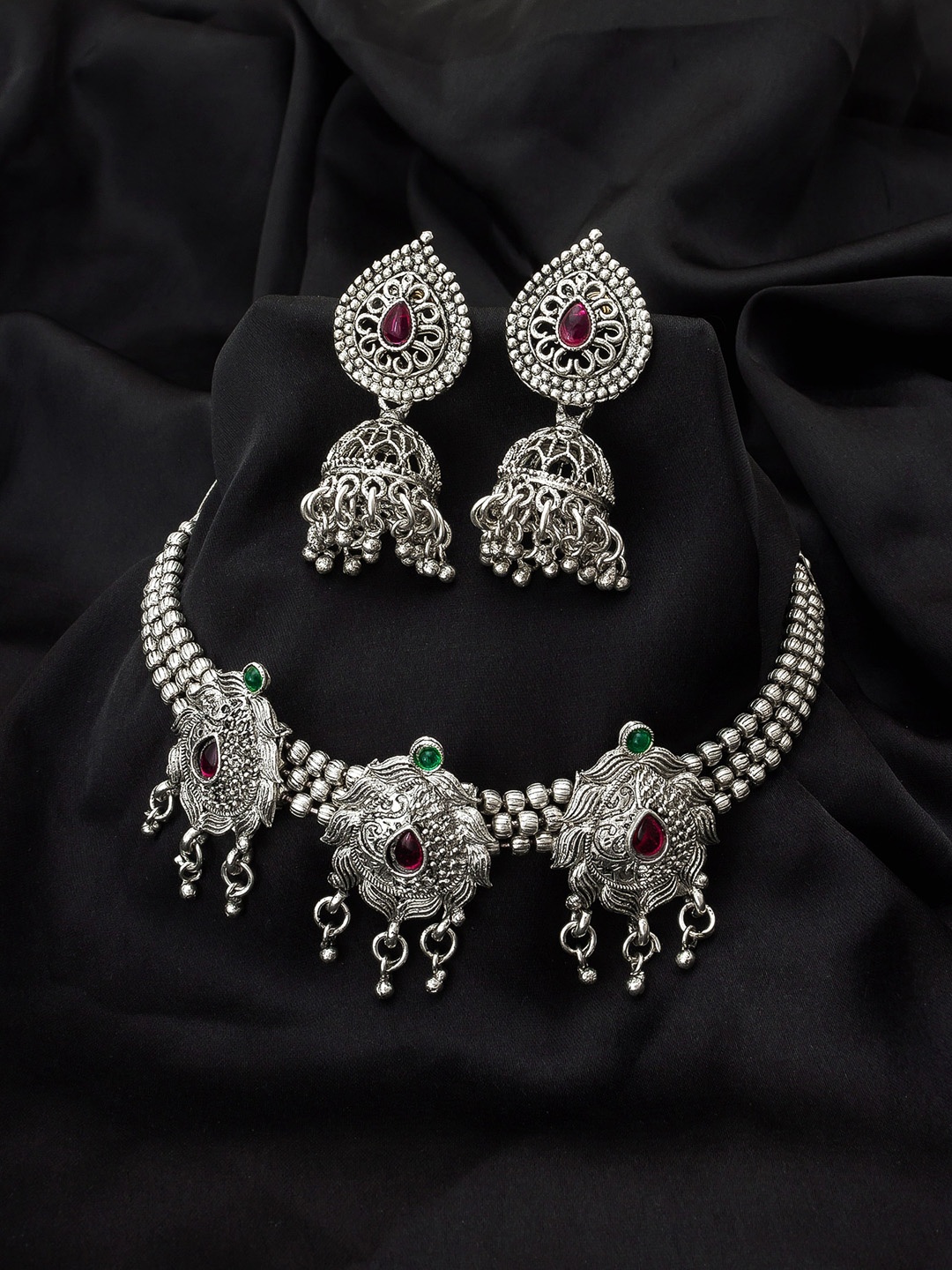 

aadita Oxidised Silver-Plated Pink & Green Stone-Studded Tribal Jewellery Set